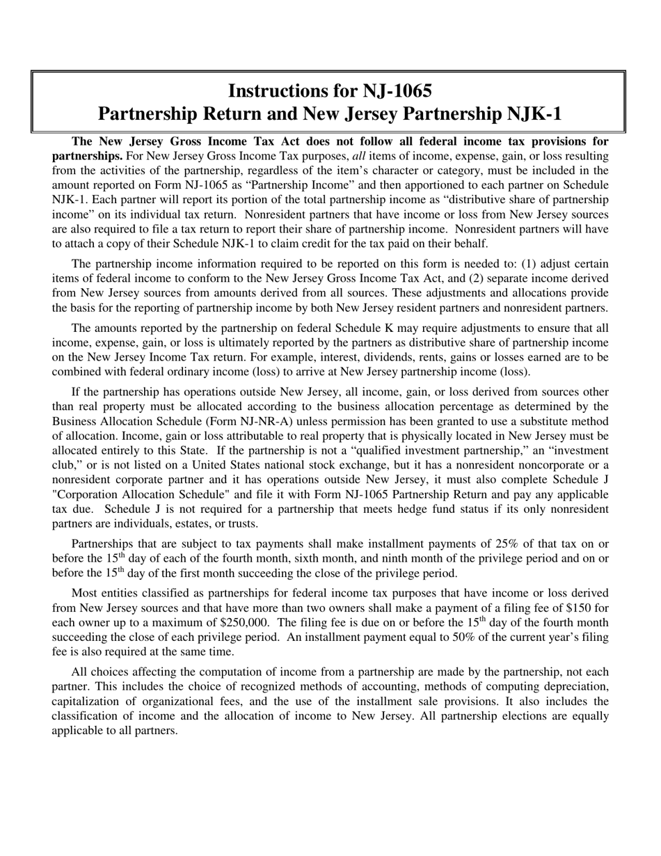 Instructions for Form NJ-1065 Partnership Return - New Jersey, Page 1