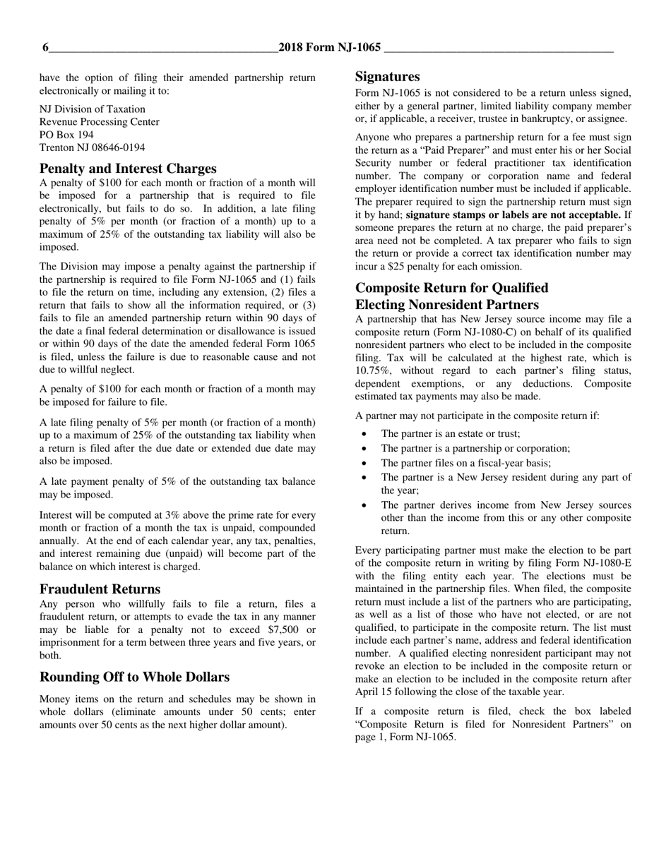Download Instructions for Form NJ1065 Partnership Return PDF, 2018