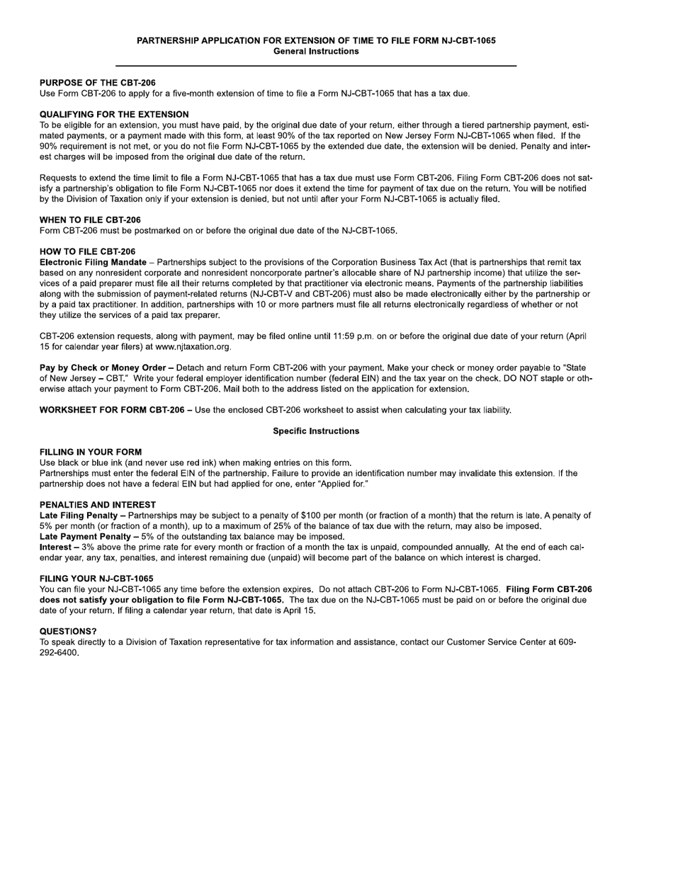 Form CBT-206 Partnership Application for Extension of Time to File Nj-Cbt-1065 - New Jersey, Page 2