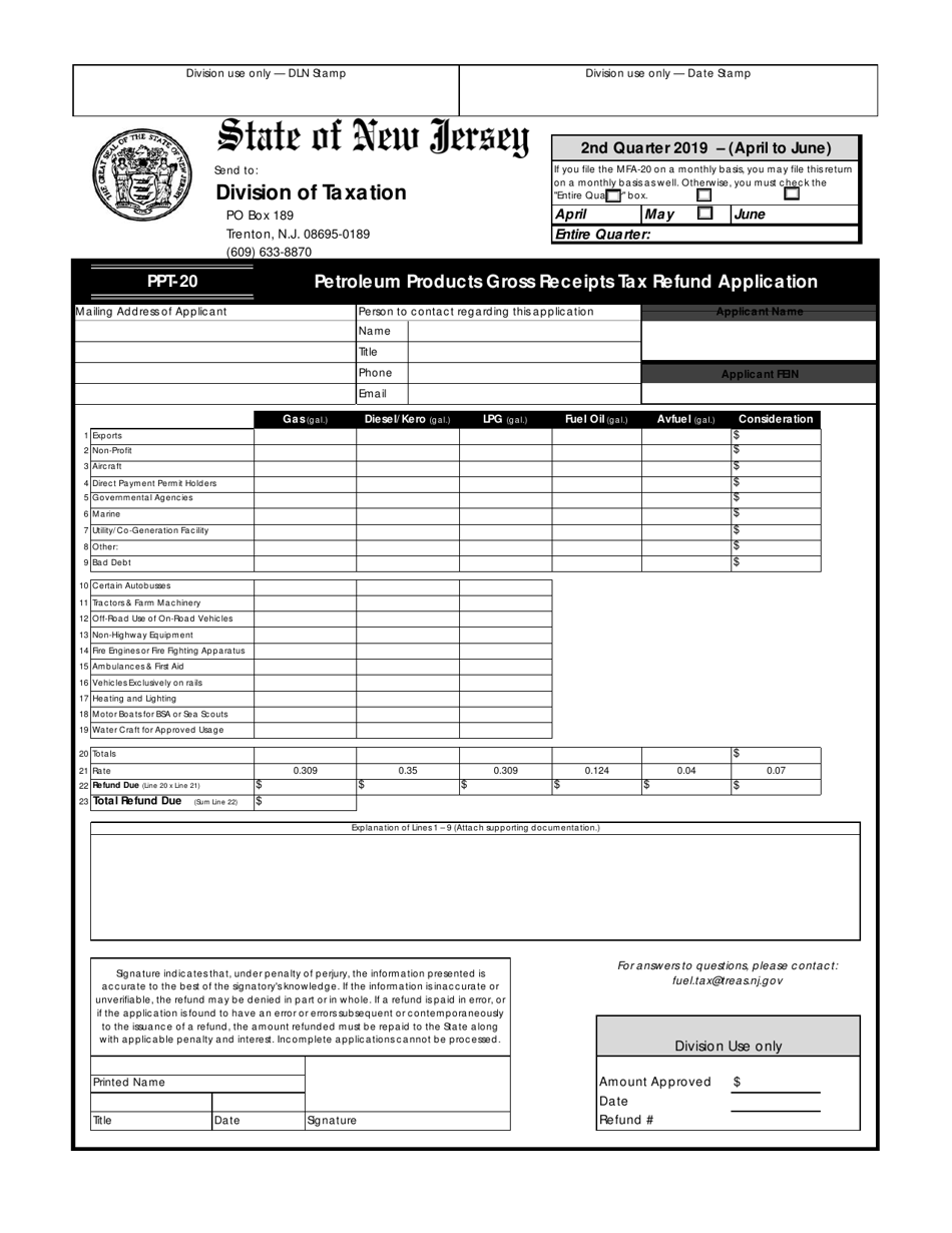 Form PPT-20 Petroleum Products Gross Receipts Tax Refund Application - New Jersey, Page 1