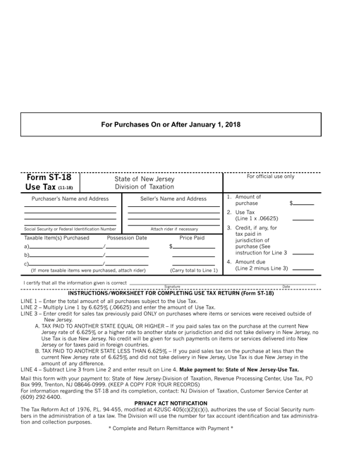 Form ST-18 Use Tax - New Jersey