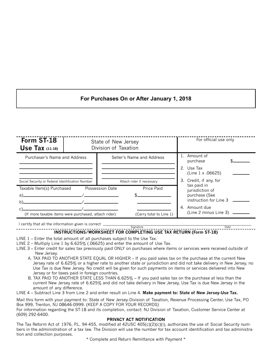 Form ST-18 Use Tax - New Jersey, Page 1