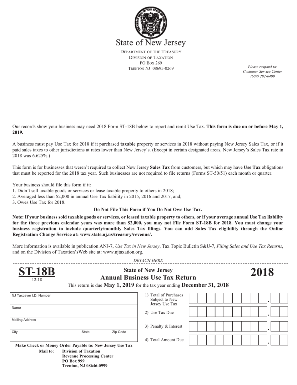 Form ST-18B Annual Business Use Tax Return - New Jersey, Page 1