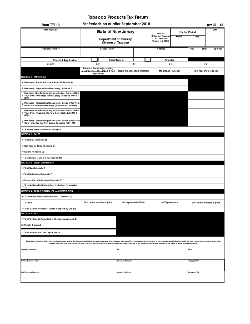 Form TPT-10 Tobacco Products Tax Return - New Jersey, Page 1
