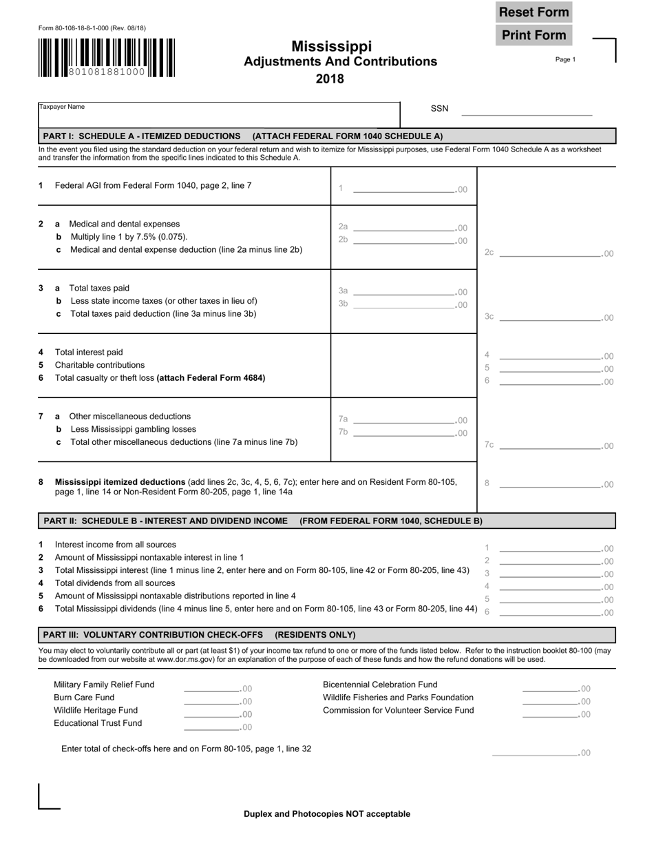 Form 80-108 Adjustments and Contributions - Mississippi, Page 1