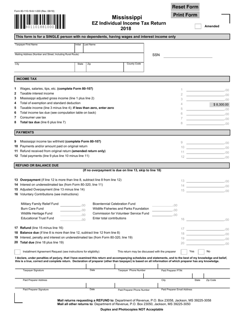 Form 80-110-18-8-1-000 Ez Individual Income Tax Return - Mississippi, 2018