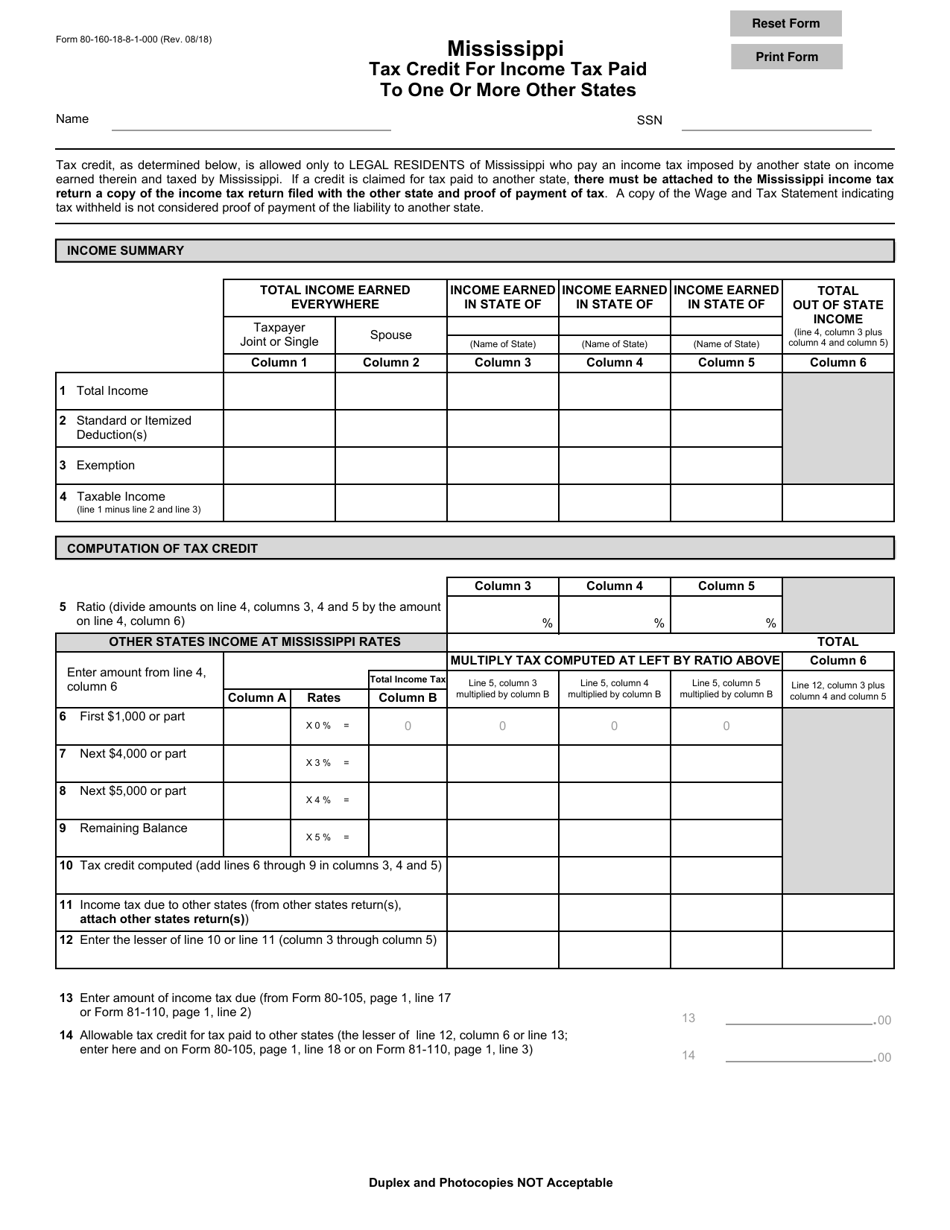 Form 80-160-18-8-1-000 Tax Credit for Income Tax Paid to One or More Other States - Mississippi, Page 1