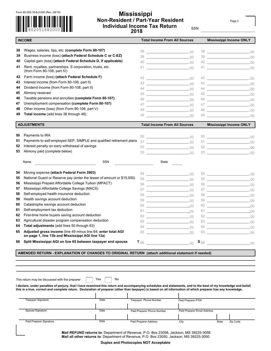 Form 80-205 Non-resident / Part-Year Resident Individual Income Tax Return - Mississippi, Page 2