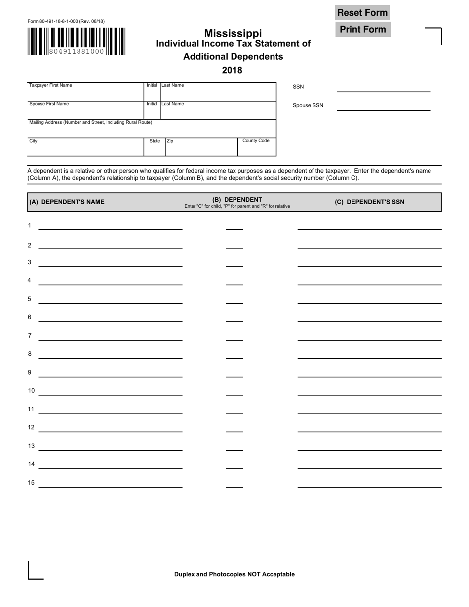 Form 80-491 Individual Income Tax Statement of Additional Dependents - Mississippi, Page 1