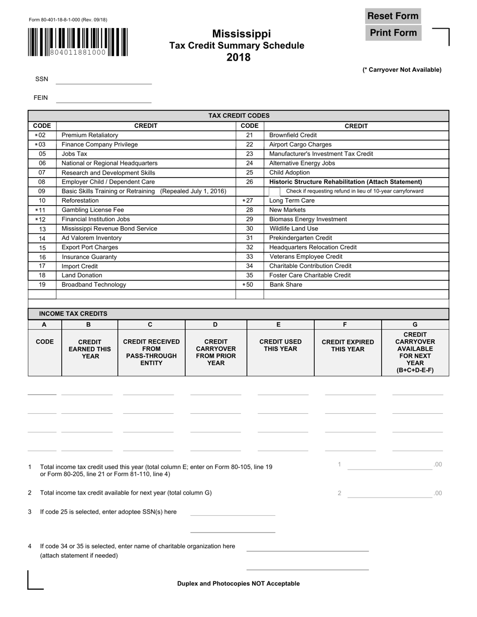 Form 80-401 Tax Credit Summary Schedule - Mississippi, Page 1