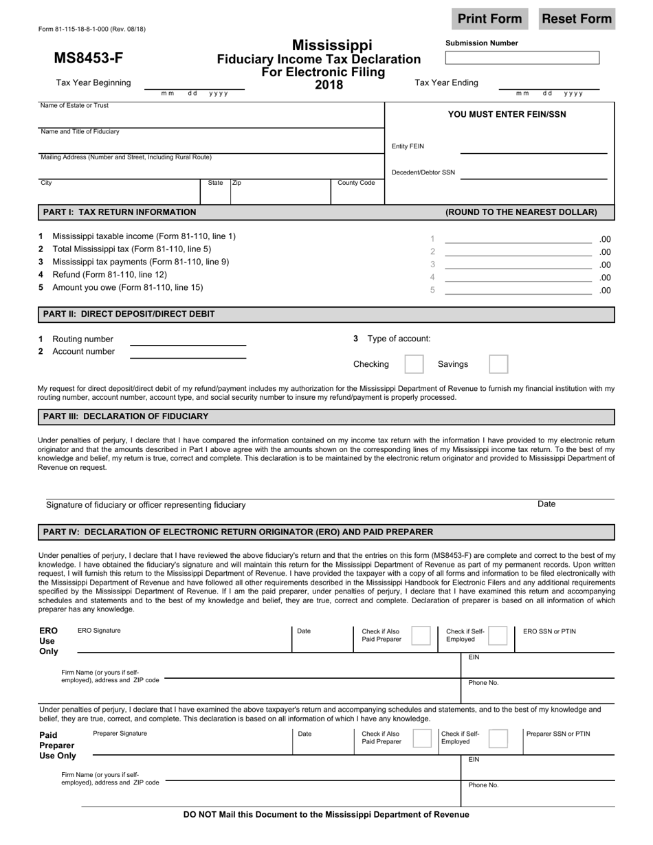 Form 81-115-18-8-1-000 (MS8453-F) Fiduciary Income Tax Declaration for Electronic Filing - Mississippi, Page 1
