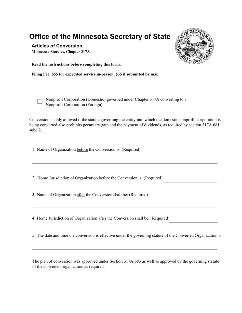 Minnesota Nonprofit Corporation Articles of Conversion Download
