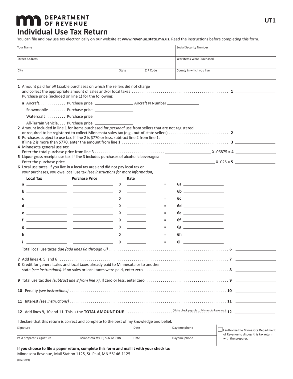 Form UT1 Individual Use Tax Return - Minnesota, Page 1