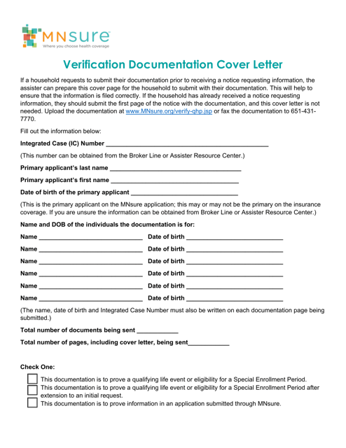 Verification Documentation Cover Letter - Minnesota Download Pdf