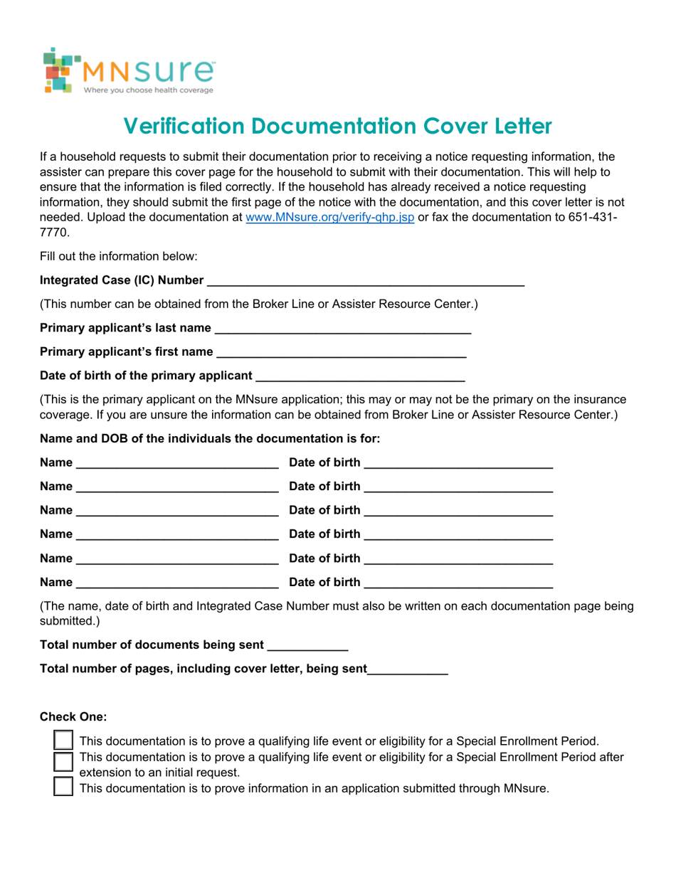 Minnesota Verification Documentation Cover Letter Download 