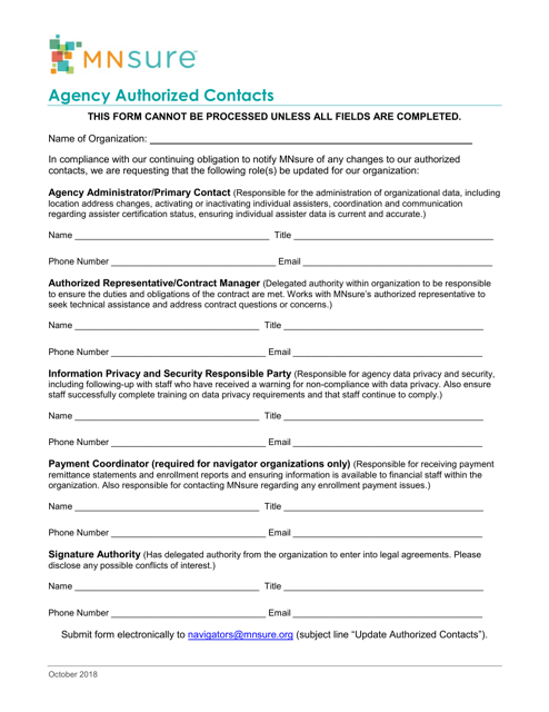 Agency Authorized Contacts - Minnesota Download Pdf