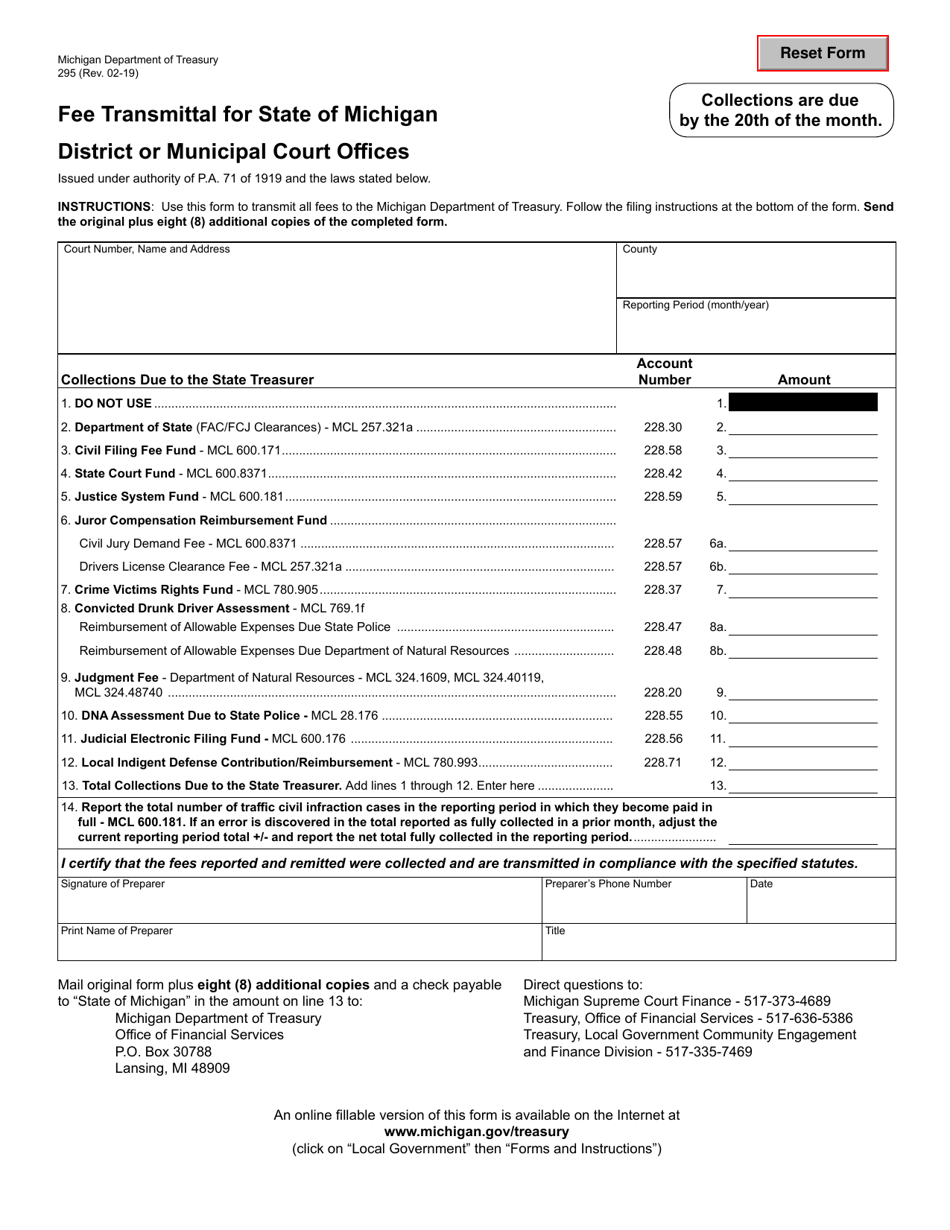 Form 295 Fee Transmittal for State of Michigan District or Municipal Court Offices - Michigan, Page 1