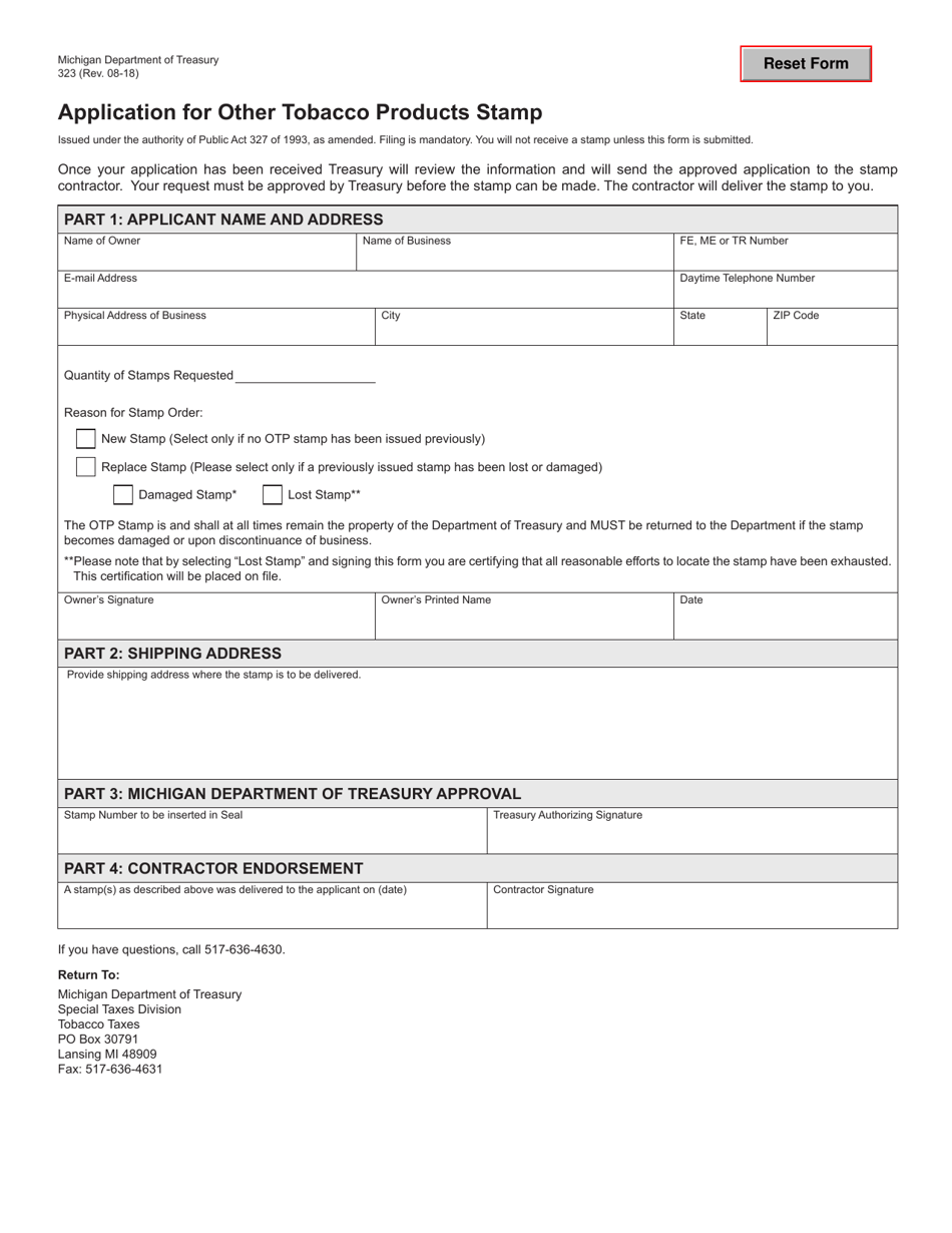 Form 323 Application for Other Tobacco Products Stamp - Michigan, Page 1