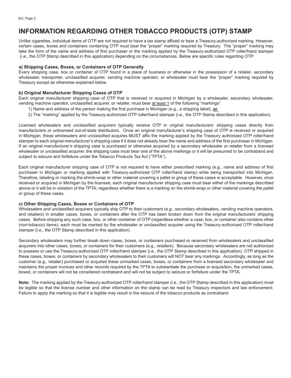 Form 323 Application for Other Tobacco Products Stamp - Michigan, Page 2