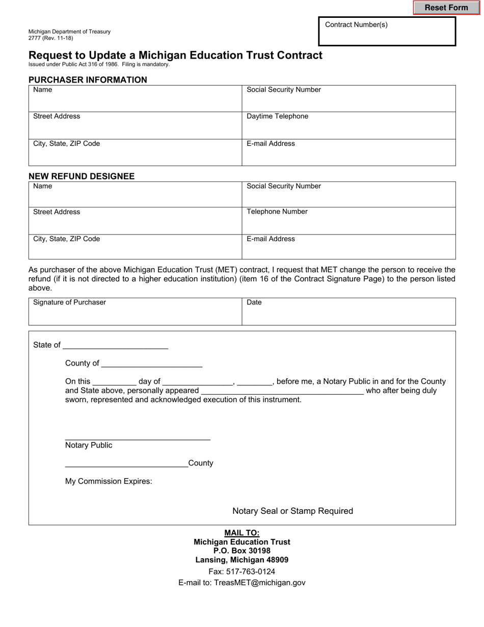 Form 2777 Request to Update a Michigan Education Trust Contract - Michigan, Page 1