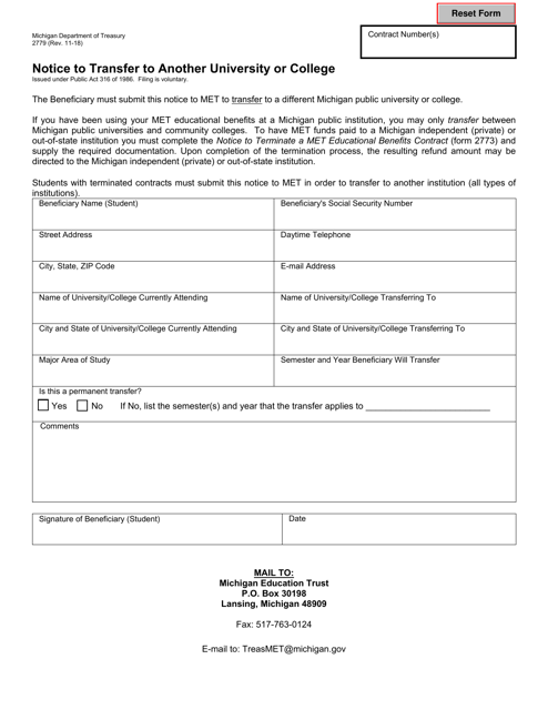 Form 2779 Notice to Transfer to Another University or College - Michigan