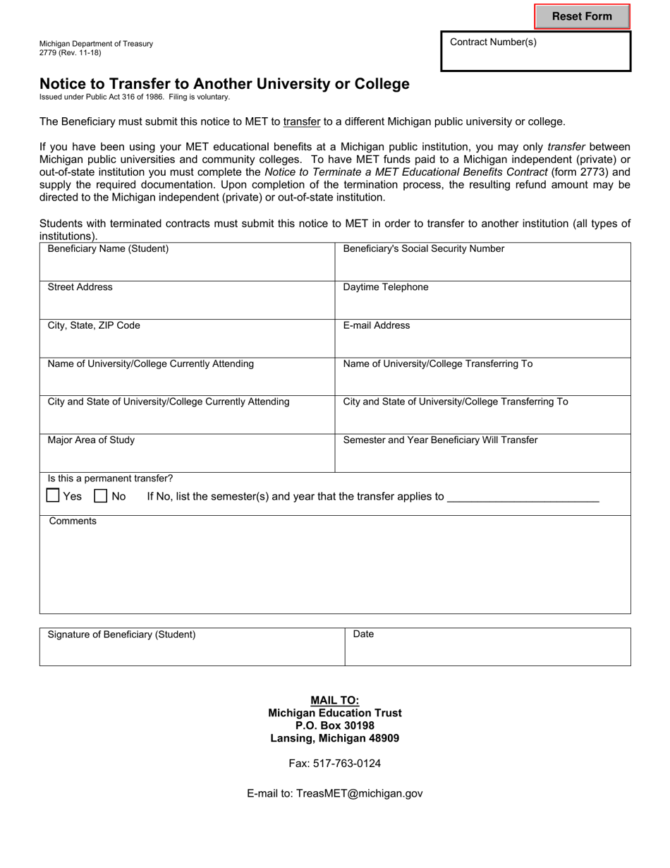 Form 2779 Notice to Transfer to Another University or College - Michigan, Page 1
