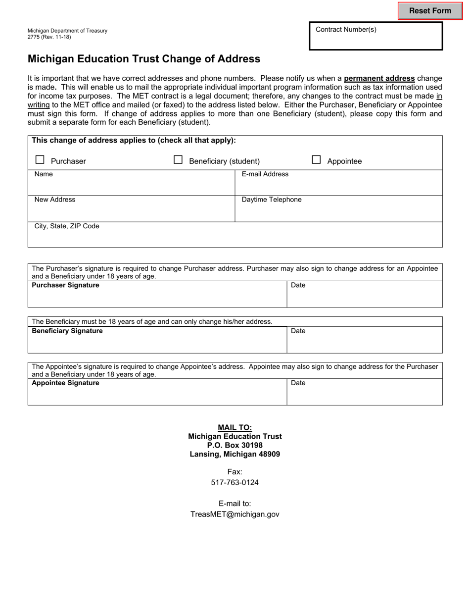 Form 2775 Michigan Education Trust Change of Address - Michigan, Page 1