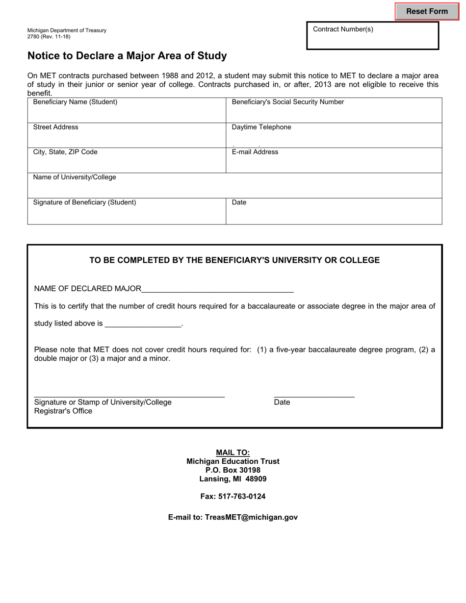 Form 2780 Notice to Declare a Major Area of Study - Michigan, Page 1