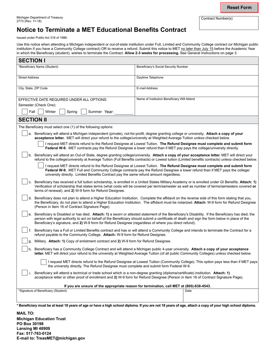 Form 2773 Notice to Terminate a Met Educational Benefits Contract - Michigan, Page 1