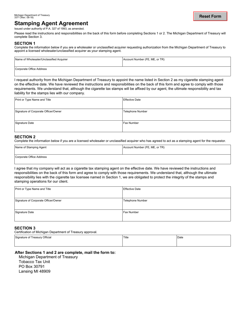 Form 3371 Stamping Agent Agreement - Michigan, Page 1