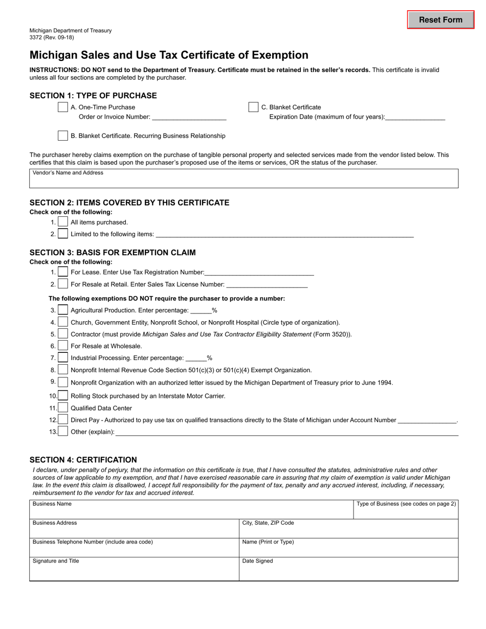 Form 3372 Michigan Sales and Use Tax Certificate of Exemption - Michigan, Page 1