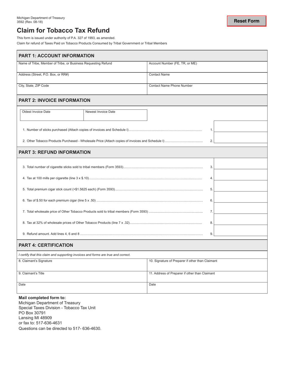 Form 3592 Claim for Tobacco Tax Refund - Michigan, Page 1