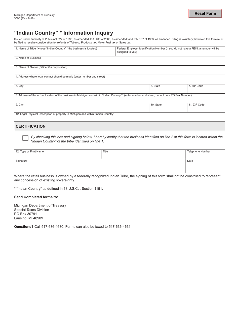 Form 3598 indian Country Information Inquiry - Michigan, Page 1