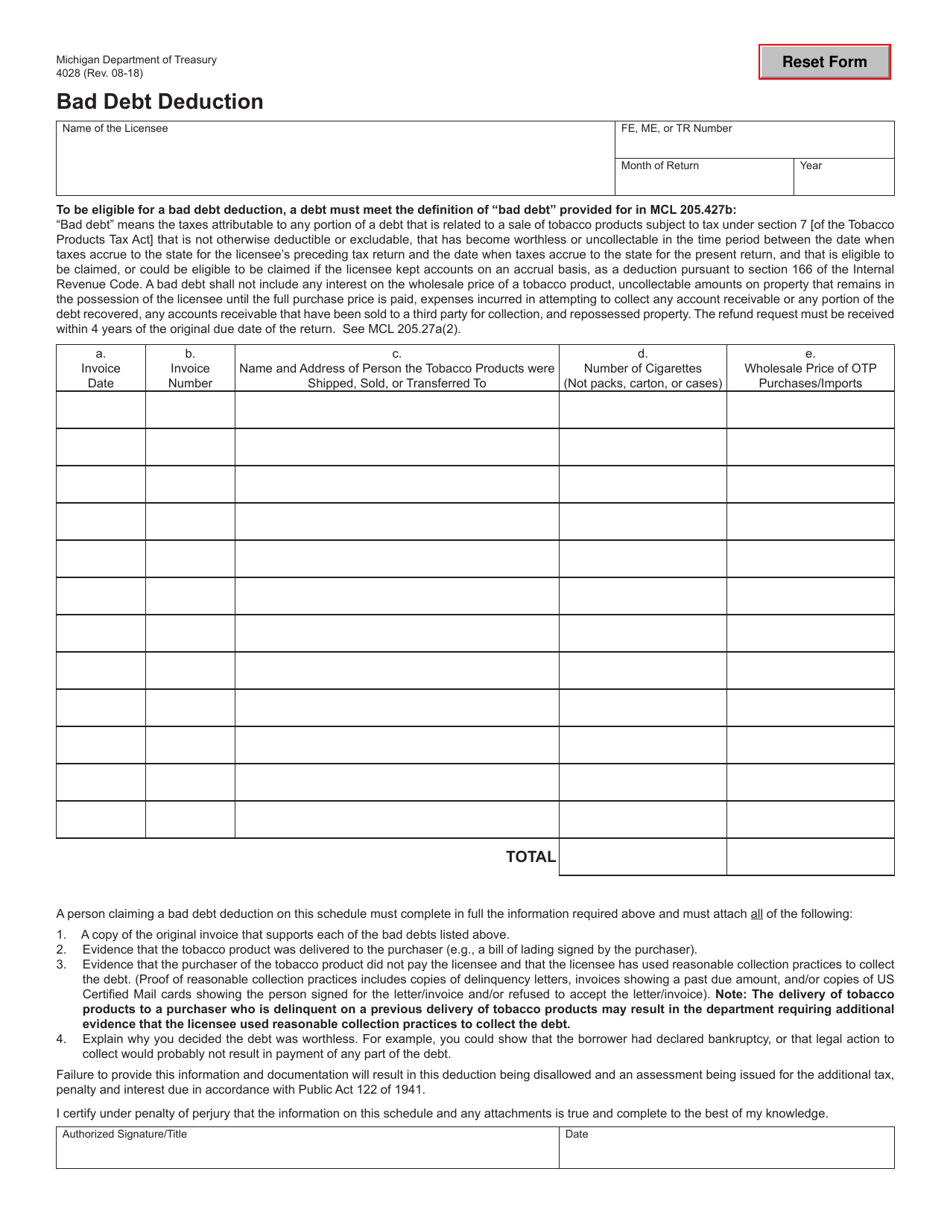 Form 4028 Bad Debt Deduction - Michigan, Page 1