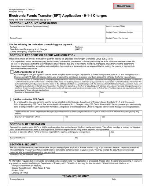 Form 4103 Electronic Funds Transfer (Eft) Application - 9-1-1 Charges - Michigan