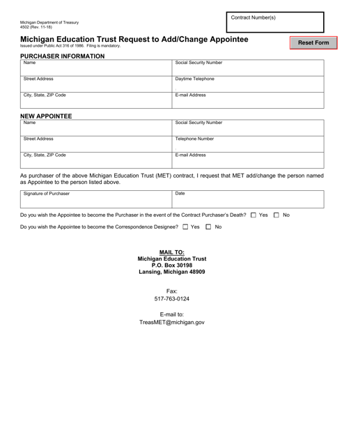 Form 4502 Michigan Education Trust Request to Add/Change Appointee - Michigan