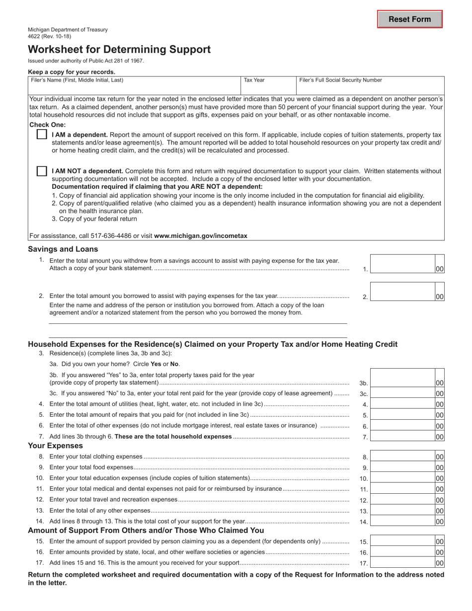 Form 4622 Worksheet for Determining Support - Michigan, Page 1