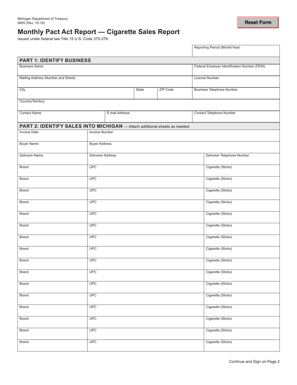 Form 4855 Monthly Pact Act Report  Cigarette Sales Report - Michigan, Page 1