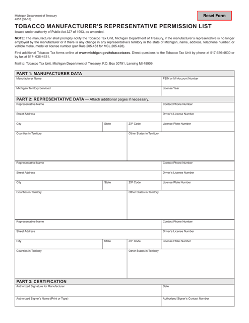 Form 4857 Tobacco Manufacturer's Representative Permission List - Michigan