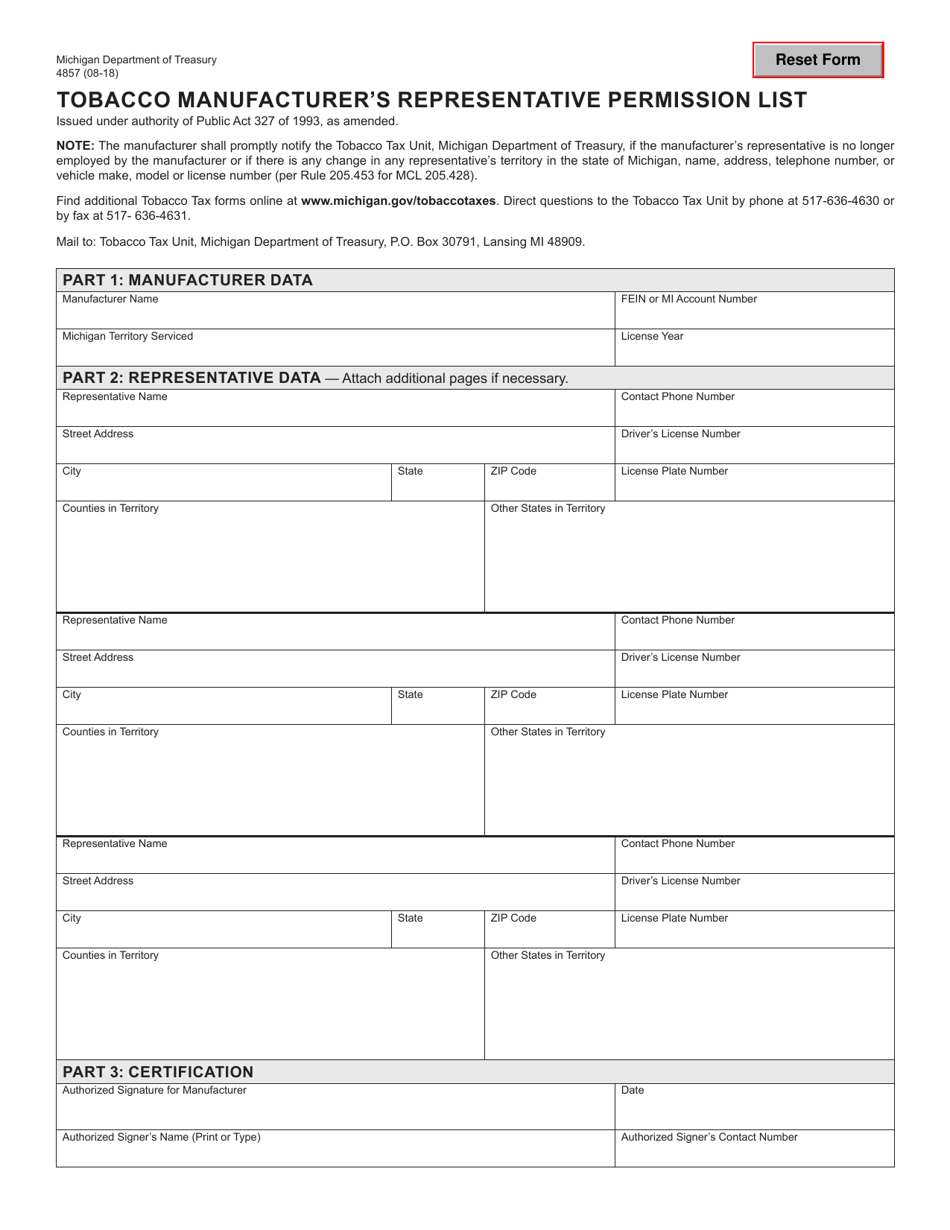 Form 4857 Tobacco Manufacturers Representative Permission List - Michigan, Page 1