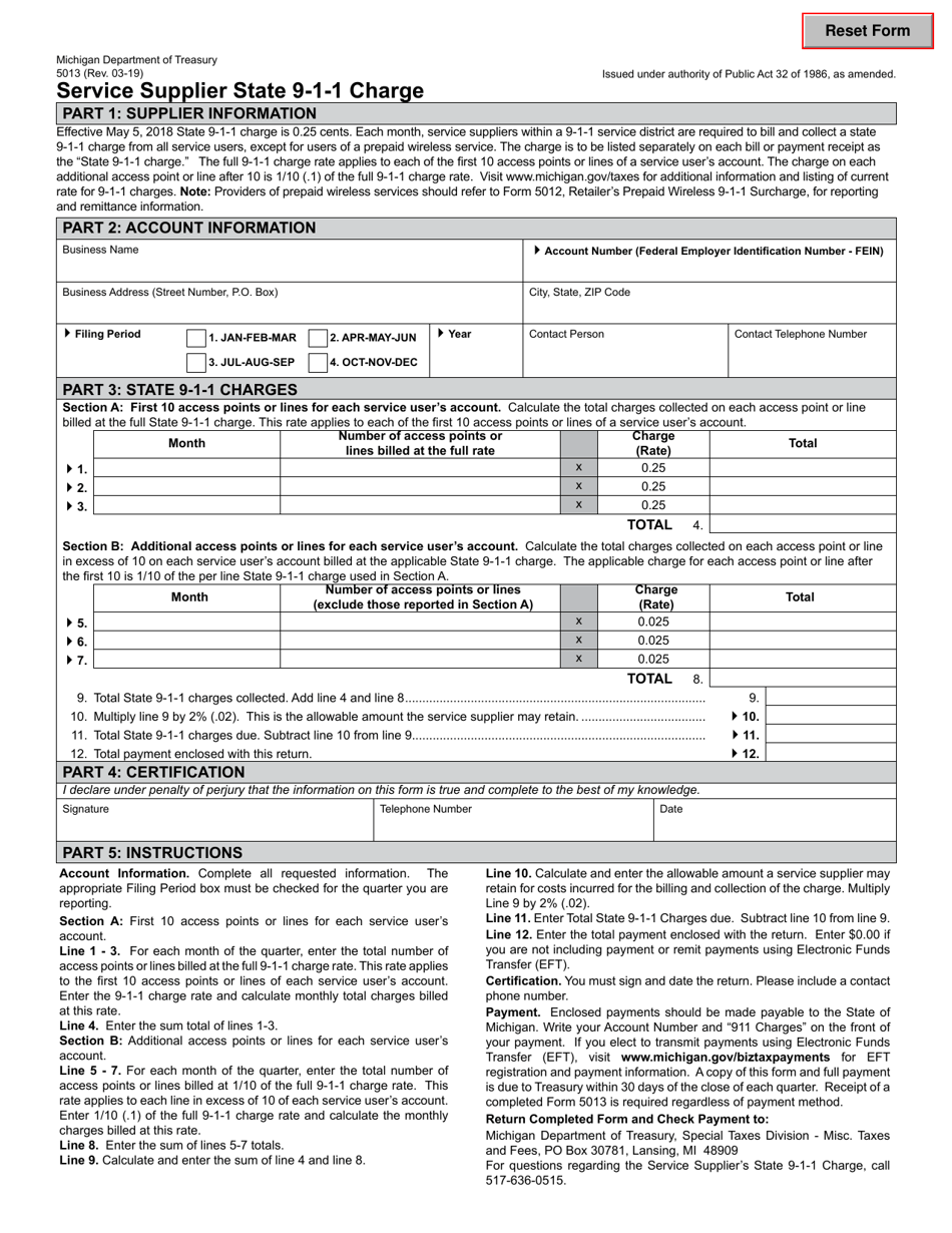 Form 5013 Service Supplier State 9-1-1 Charge - Michigan, Page 1
