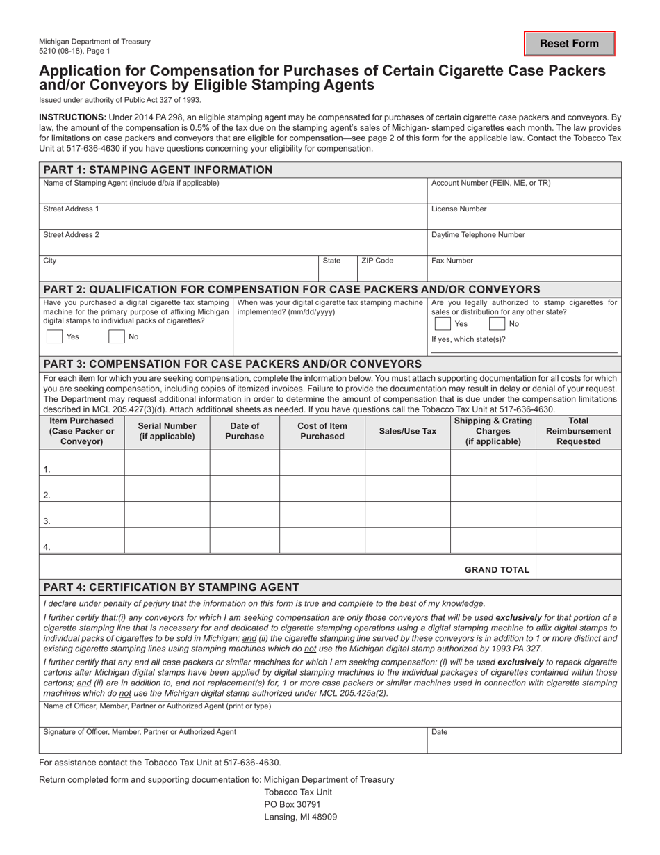 Form 5210 Application for Compensation for Purchases of Certain Cigarette Case Packers and / or Conveyors by Eligible Stamping Agents - Michigan, Page 1