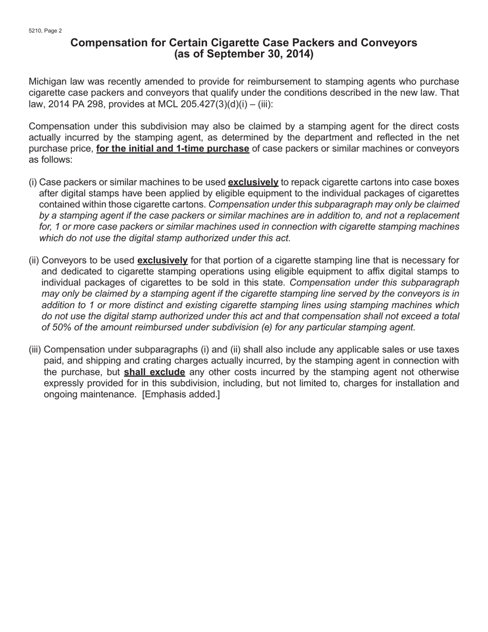 Form 5210 Application for Compensation for Purchases of Certain Cigarette Case Packers and / or Conveyors by Eligible Stamping Agents - Michigan, Page 2