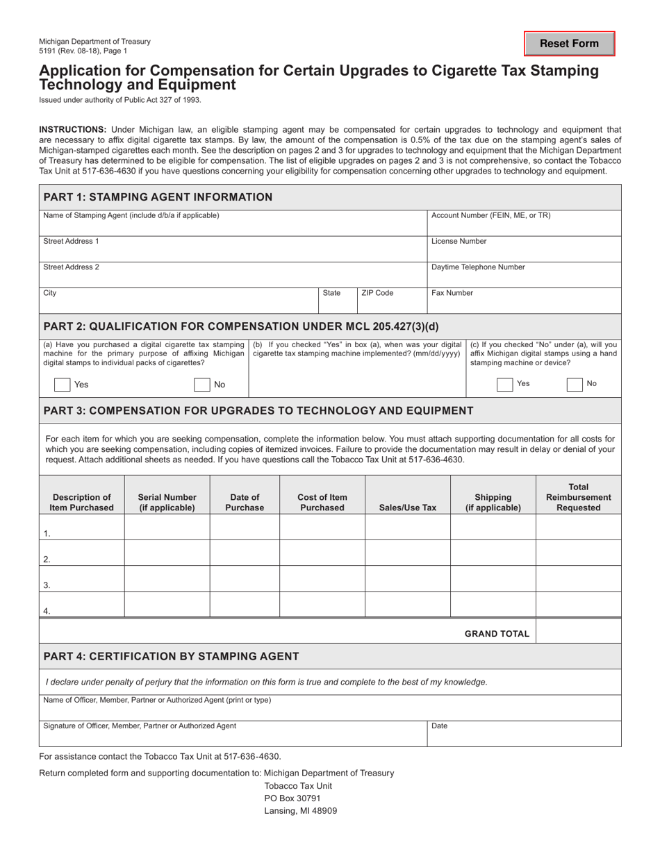Form 5191 Application for Compensation for Certain Upgrades to Cigarette Tax Stamping Technology and Equipment - Michigan, Page 1