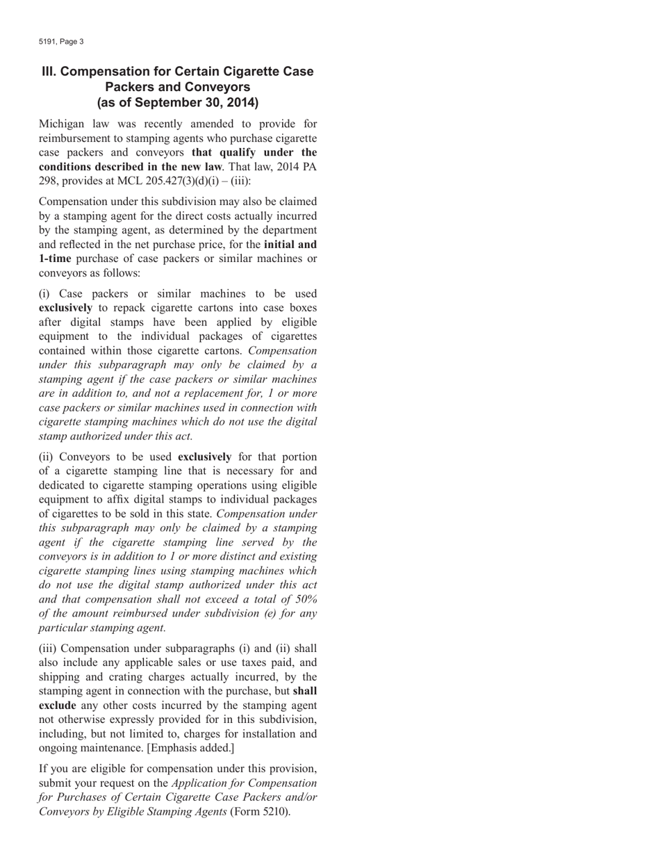 Form 5191 Application for Compensation for Certain Upgrades to Cigarette Tax Stamping Technology and Equipment - Michigan, Page 3