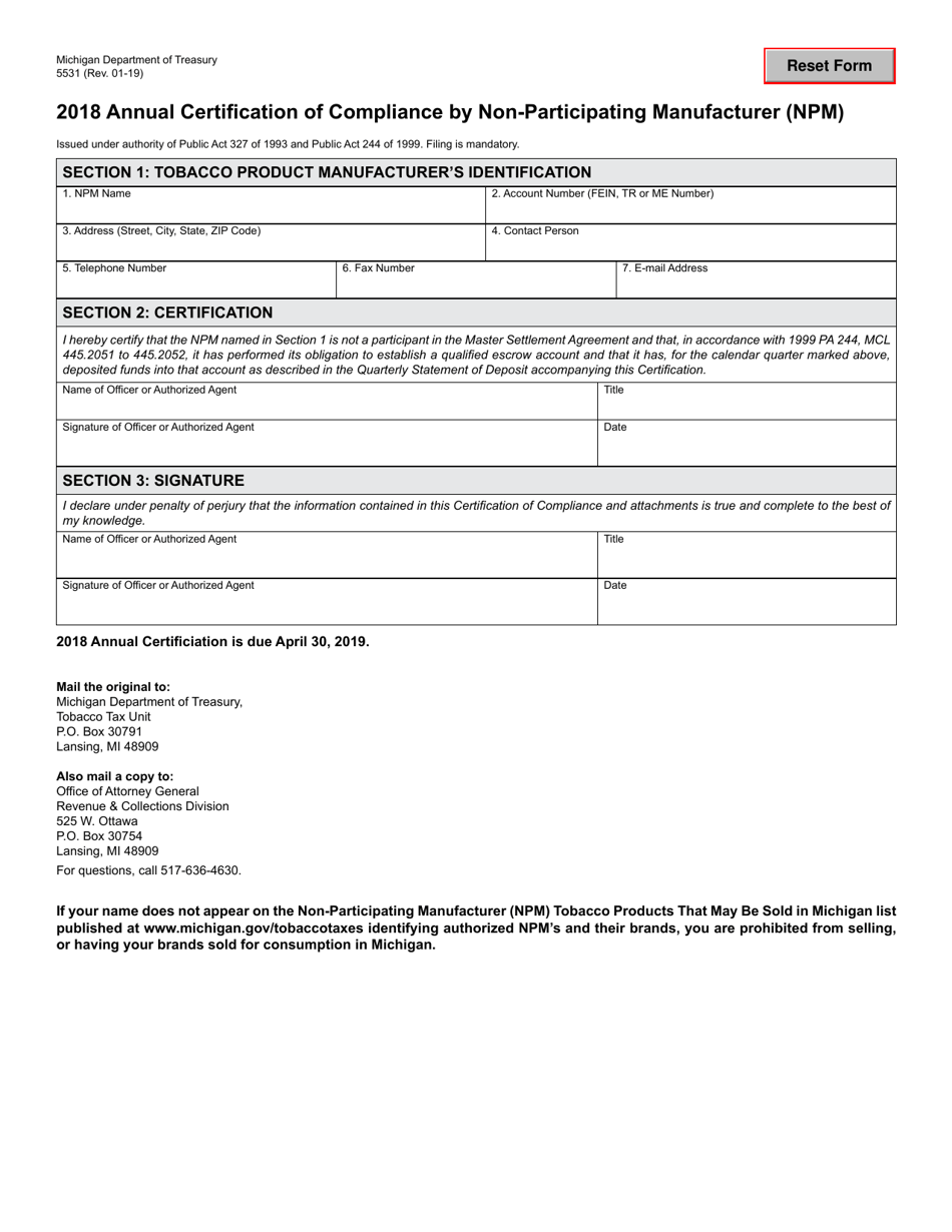 Form 5531 Annual Certification of Compliance by Non-participating Manufacturer (Npm) - Michigan, Page 1
