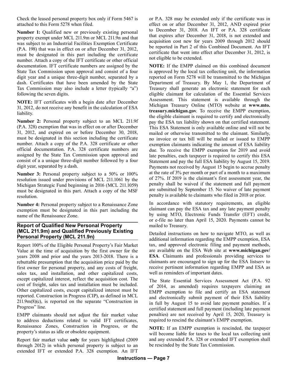 Form 5278 Eligible Manufacturing Personal Property Tax Exemption Claim, Personal Property Statement, and Report of Fair Market Value of Qualified New and Previously Existing Personal Property - Michigan, Page 11