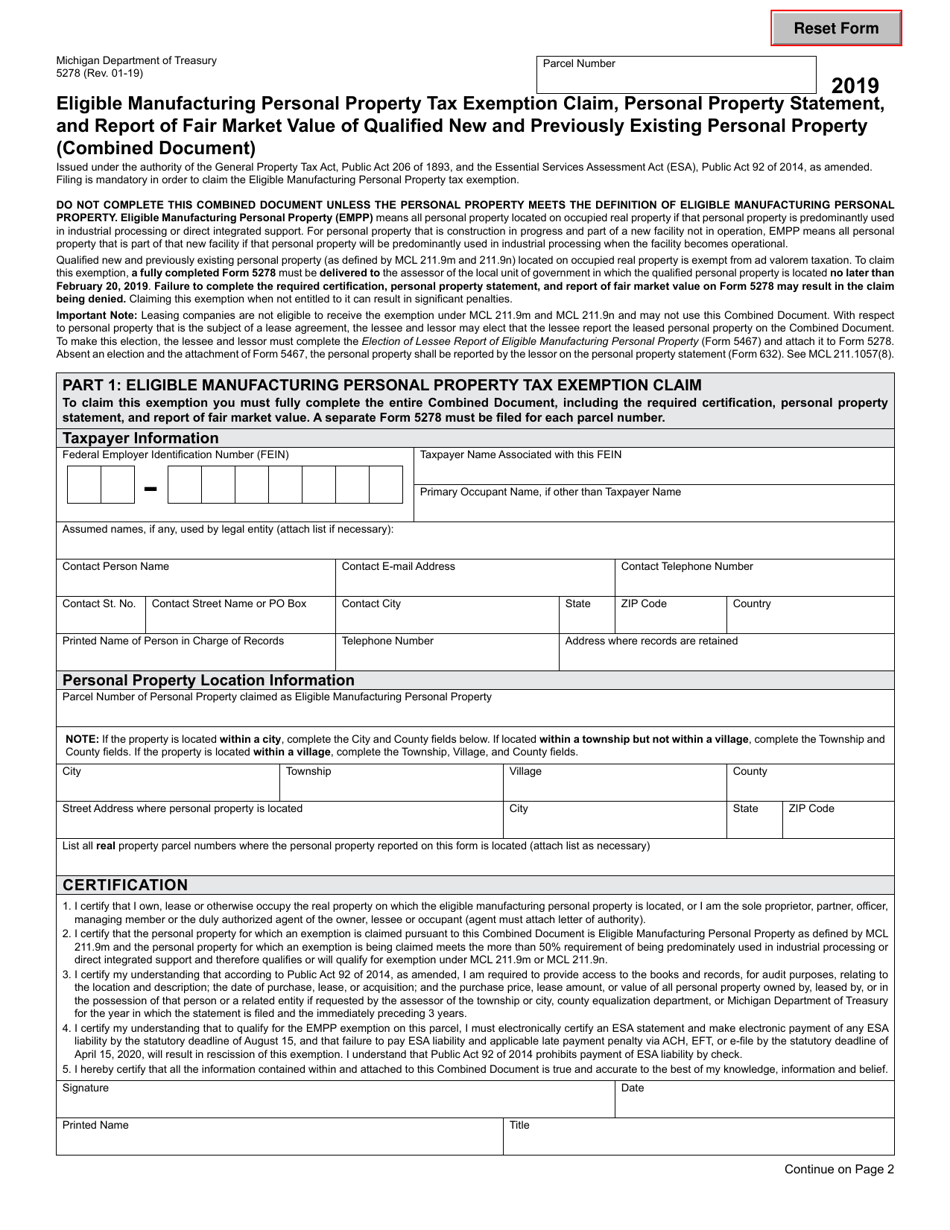 Form 5278 Eligible Manufacturing Personal Property Tax Exemption Claim, Personal Property Statement, and Report of Fair Market Value of Qualified New and Previously Existing Personal Property - Michigan, Page 1