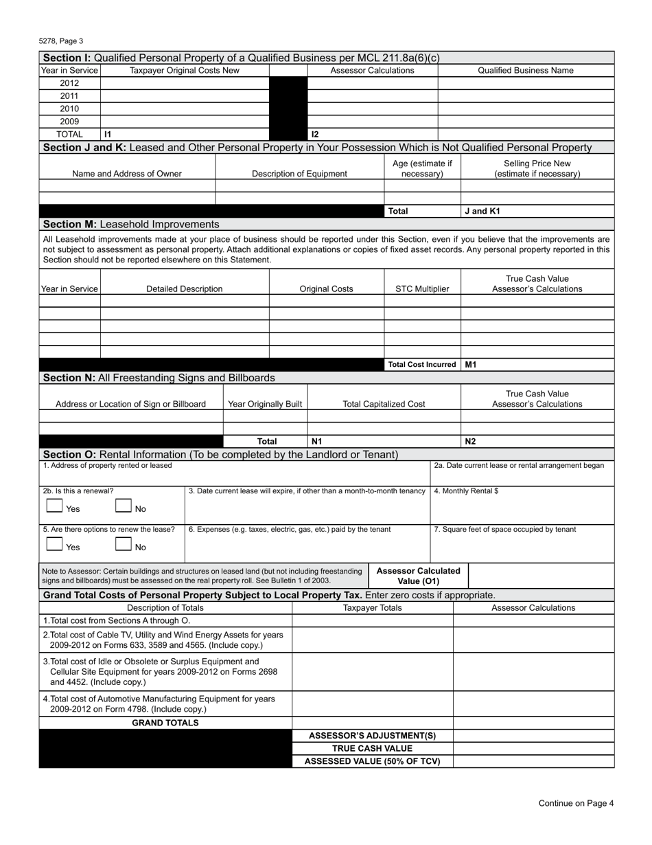 Form 5278 Eligible Manufacturing Personal Property Tax Exemption Claim, Personal Property Statement, and Report of Fair Market Value of Qualified New and Previously Existing Personal Property - Michigan, Page 3