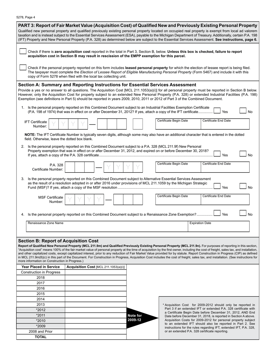 Form 5278 Eligible Manufacturing Personal Property Tax Exemption Claim, Personal Property Statement, and Report of Fair Market Value of Qualified New and Previously Existing Personal Property - Michigan, Page 4